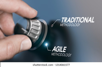 Man Turning Knob To Changing Project Management Methodology From Traditional To Agile PM. Composite Image Between A Hand Photography And A 3D Background.