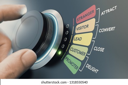 Man turning knob with different stages of sales process to convert strangers into promoters. Successful inbound marketing campaign concept. 