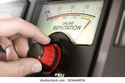 Man turning a knob to improve company online reputation management. Composite image between a hand photography and a 3D background. - Shutterstock ID 1034468926