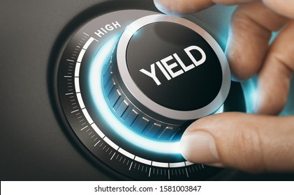 Man turning a knob to select high yield investment. Finance Concept. Composite image between a hand photography and a 3D background.