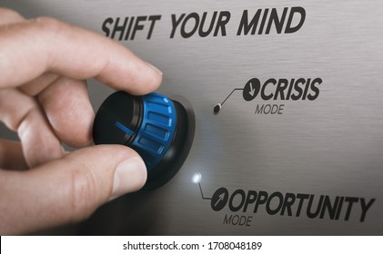 Man turning a knob to turn crisis into an opportunity. Composite image between a hand photography and a 3D background. - Shutterstock ID 1708048189