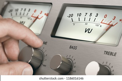 Man Turning Volume Button Of A Vintage Analogic Amplifier To Increase Sound Volume. Composite Image Between A Hand Photography And A 3D Background.