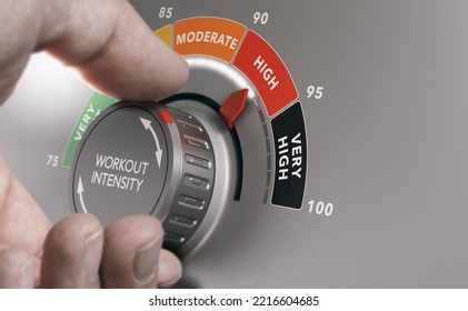Man turning workout knob to high level. HIIT workout, High Intendsity Interval Training concept. Composite image between a hand photography and a 3D background. - Shutterstock ID 2216604685
