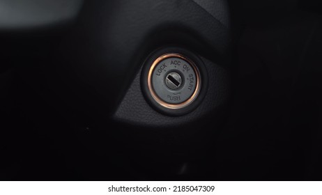 The Man Turns Off The Car With The Key. Hand Close Up.