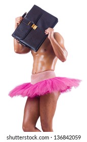 Man In Tutu With Briefcase On White