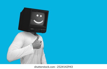 Man with tv screen head representing AI robot giving ok hand sign. Monitor with emoticon smiley face. Collage art isolated on blue background  - Powered by Shutterstock