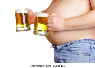 Man with two beer mugs isolated over white baclground
