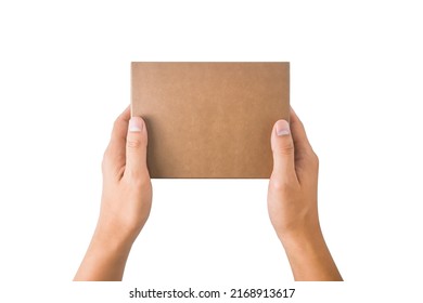 Man Two Hand Holding Box Delivery Isolated On White Background.[Clipping Path].