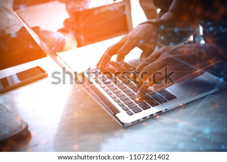 man with type on notebook computer with network connection web, ai technology, business and application data, social of online server, communication signal, lifestyle and media market, working office