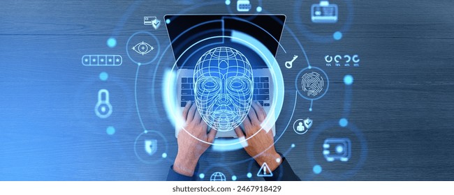 Man typing in computer laptop, biometric verification and face id. Digital hologram with fingerprint, padlock, pin code and statistics. Concept of data security or encrypted information