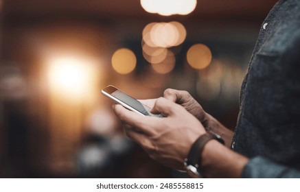 Man, typing hands and phone internet for social media, email notification and connection for search. Male person, fingers and mobile for chat app, message and online invitation for restaurant launch