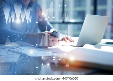 Man Typing Laptop,use Smartphone Hand.Project Manager Researching Process.Business Team Work Startup Modern Office.Global Strategy Virtual Icon.Innovation Graphs Interface.Analyze Market Stock.Blurred