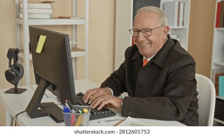Man typing on keyboard with hands on keys, smiling at monitor in building; contentment productivity focus.