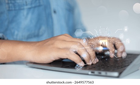 Man typing on a laptop with a glowing Artificial Intelligence (AI) processor chip hologram. Concept of machine learning, big data, and futuristic business process automation.