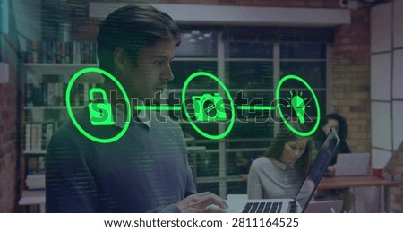 Man typing on laptop in tech hub, causing green lock camera bulb icons linking for login. Coworking, collaboration, holographic, futuristic, interface, authentication, privacy