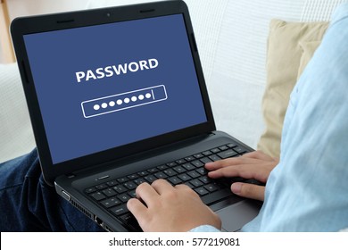 Man typing password on labtop screen background, cyber security concept
