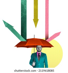 A Man With An Umbrella As A Concept Of Protection From Adverse Factors. Art Collage.