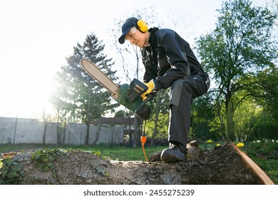 A man in uniform cuts an old tree in the yard with an electric saw - Powered by Shutterstock