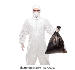 A Man In Uniform Holding A Black Garbage Bag Isolated On White Background