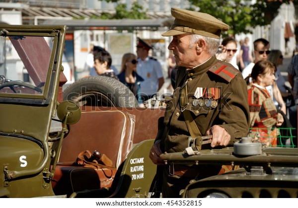 Man in uniform of
an officer of the red army. Celebration of victory day.
Rostov-on-don, Russia. May 9,
2013