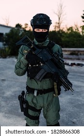 Man In Uniform Of Special Military Police Unit From Croatian Army. He Is Equipped With Tactical Gear And Assault Rifle.