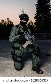 Man In Uniform Of Special Military Police Unit From Croatian Army. He Is Equipped With Tactical Gear And Assault Rifle.