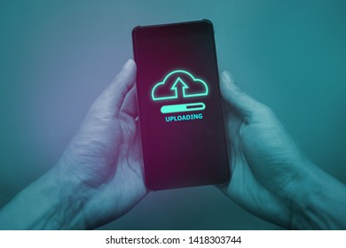 A Man Upload File To Cloud Computing With Smart Phone