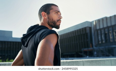 Man, urban and workout with relax or runner with pause, exercise and fitness for wellness. Male athlete, city and stop for rest with sport, training or running with breathe for health in outdoor - Powered by Shutterstock