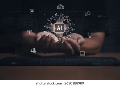 Man use AI technology to help work. Big data mining, data security, science and innovation. AI Learning and Artificial Intelligence Concept. AI concept with young man in the night.