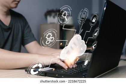 man use cloud computing diagram show on computer. Data storage.Cloud technology.Secure backup and consistency Networking and internet service concept.Implementing storage technology in business