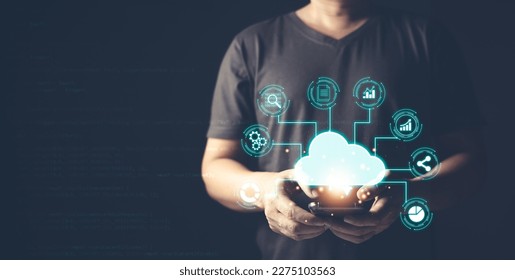 man use cloud computing diagram show on hand. Data storage.the use of online digital network technology support in business, buying and selling commerce online digital marketplace