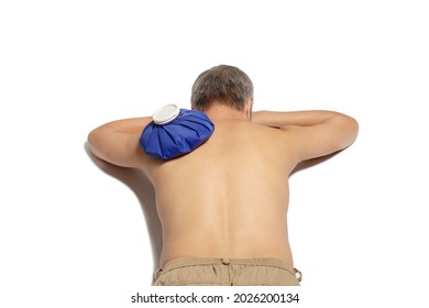 Man Use Ice Pack Bag Compress To The Shoulder Back. Reduce Pain And Swelling. Top View