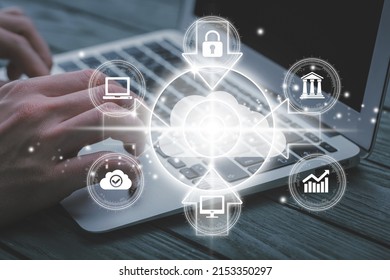 man use Laptop with cloud computing diagram. Cloud technology. Networking and internet service concept.