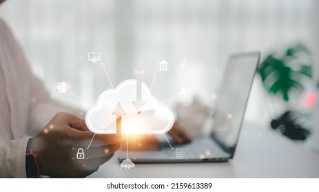 man use Laptop with cloud computing diagram show on hand. Cloud technology. Data storage. Networking and internet service concept. - Powered by Shutterstock - Get 15% off with code: PIKWIZARD15