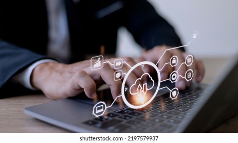 man use Laptop with cloud computing diagram show on hand. Cloud technology. Data storage. Networking and internet service concept. - Powered by Shutterstock - Get 15% off with code: PIKWIZARD15