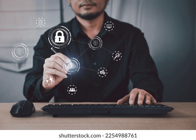man use Laptop with cloud computing diagram show on hand. Cloud technology. Data storage. Networking and internet service concept.