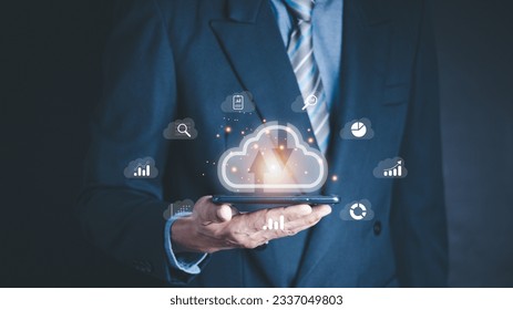 man use Laptop with cloud computing diagram show on hand. Cloud technology. Data storage. Networking and internet service concept.