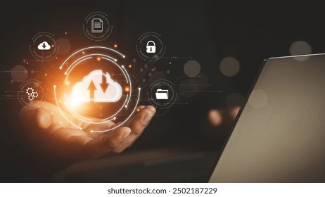 man use Laptop with cloud computing diagram show on hand. Cloud technology. Data storage. Networking and internet service concept.