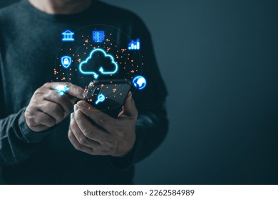 man use smarphone cloud computing  system diagram. Data storage.Digital technology network service business in wireless storage concept. Implementing storage technology support in business.