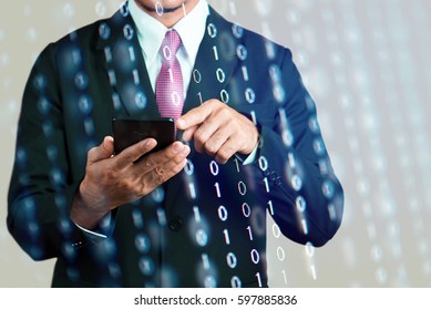 Man use smartphone and digital binary data. Cyber security concept.