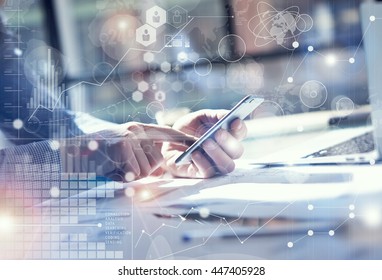 Man Use Smartphone Hand,touch Screen.Project Manager Researching Process.Business Team Work Startup Modern Office.Global Strategy Virtual Icon.Innovation Graphs Interface.Analyze Market Stock.Blurred