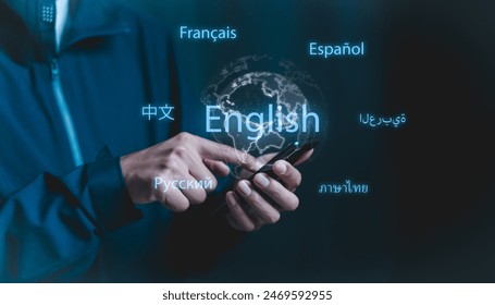 Man use smartphone with Translator app,Translator app, language course and e-learning concept. translation or translate on the mobile app worldwide language conversation speaking concept.	
