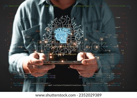 man use tablet cloud computing system diagram. Big data storage.Digital Artificial Intelligence (AI) technology disruption concept. We are implementing storage technology support in the business.