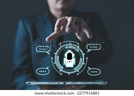 man use tablet command prompt chatgpt. Big data storage.Digital Artificial Intelligence (AI) technology disruption concept. We are implementing storage technology support in the business.