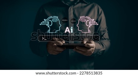 man use tablet command prompt ai chat. Big data storage.Digital Artificial Intelligence (AI) technology disruption concept. We are implementing storage technology support in the business.
