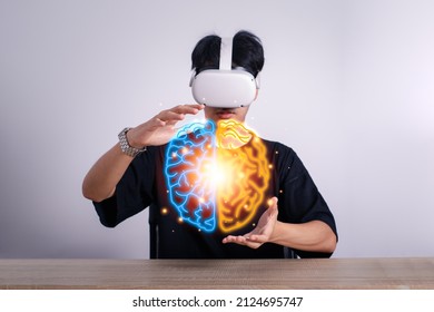 Man Use Vr Glasses And Looks At Brain Metaverse Technology, Studio Shot.Virtual Gadgets For Entertainment, Work, Free Time And Study. Game Cyber Virtual Reality Technology Concept.