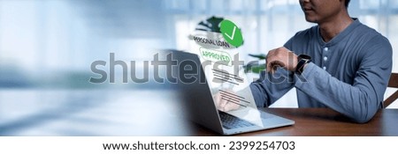 Man uses a computer to check approved personal loans from a bank or company that allows individuals or organizations to borrow money for business or personal expenses. Finance and investment.
