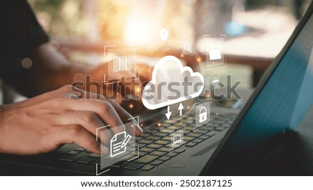 Man uses computer for data storage, online document database and digital file storage system or software, record keeping Database technology, cloud technology, network and internet services concept.
