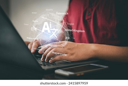 A man uses a computer to translate languages using AI technology to translate languages. that translates languages all over the world Helps reduce working time Fast and high accuracy - Powered by Shutterstock