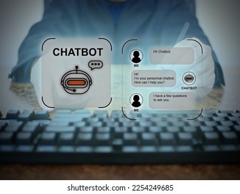 A man uses a digital chatbot computer program to conduct an online chat conversation and provide information on the internet network. AI artificial technology for chatterbot, conversational agents